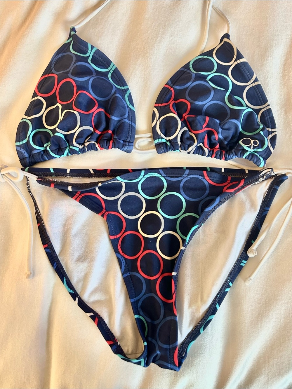 Op Women’s Navy Multicolor Circle Print String Bikini Set. Top: M/L, Bottoms: M